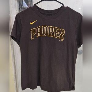 Woman Nike MLB Padres t shirt large w V-neck; brown w gold writing.